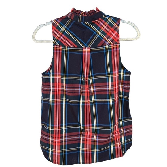 J. Crew Stewart Tartan Plaid Ruffle Collar Sleeveless Blouse Sz 2 NWT Red Black - Picture 3 of 10